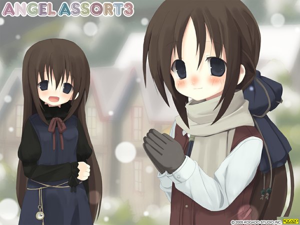 Anime picture 1024x768 with symphonic rain tortinita fine arietta fine shiro (octet) long hair looking at viewer blush open mouth blue eyes smile brown hair multiple girls ponytail :d loli snowing girl dress gloves ribbon (ribbons)