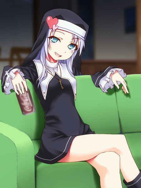 Anime picture 1200x1600 with boku wa tomodachi ga sukunai coca-cola takayama kate single long hair tall image looking at viewer open mouth smile purple hair aqua eyes crossed legs nun girl heart necklace couch drink key soda