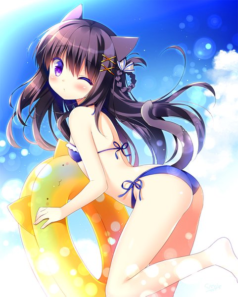 Anime picture 1000x1247 with original sasai saji single long hair tall image looking at viewer blush fringe highres light erotic black hair hair between eyes standing purple eyes animal ears ass outdoors tail braid (braids) animal tail