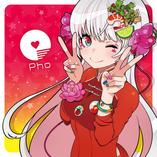 Anime picture 1600x1600 with original lam (ramdayo) single long hair looking at viewer blush smile upper body white hair nail polish one eye closed wink victory multicolored eyes multicolored nail polish girl hair ornament flower (flowers) food bracelet