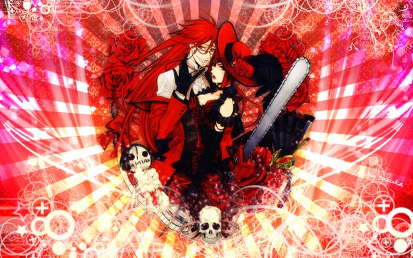 Anime picture 1280x800 with kuroshitsuji a-1 pictures grell sutcliff angelina durless (madame red) long hair short hair red eyes wide image green eyes red hair teeth sharp teeth shinigami girl boy hat glasses rose (roses) fan skull
