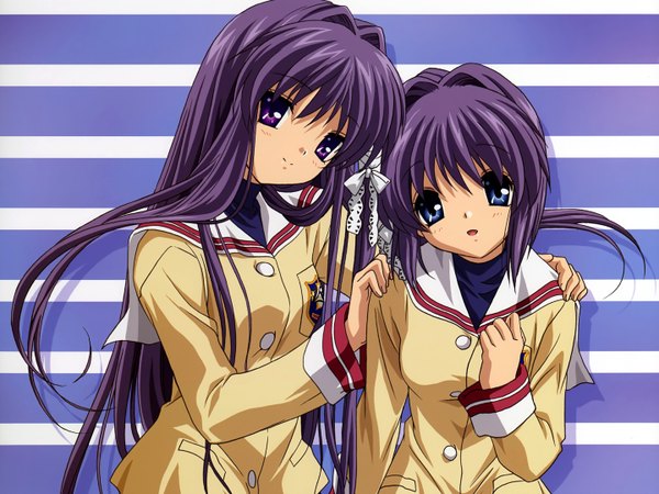 Anime picture 1440x1080 with clannad key (studio) fujibayashi kyou fujibayashi ryou long hair looking at viewer fringe short hair blue eyes smile purple eyes multiple girls payot purple hair parted lips head tilt hand on chest siblings sailor collar sisters