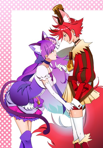 Anime picture 832x1200 with precure kirakira precure a la mode toei animation kenjou akira kotozume yukari cure chocolat cure macaron tutino long hair tall image smile red eyes standing white background purple eyes multiple girls animal ears purple hair red hair tail