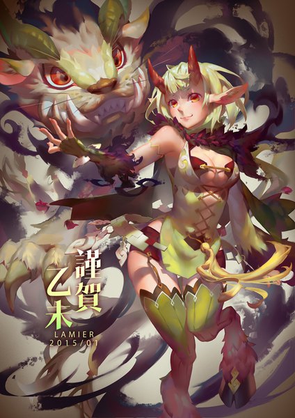 Anime picture 707x1000 with original satyr jofang tall image short hair light erotic red eyes animal ears looking away cleavage bent knee (knees) horn (horns) green hair lacing girl thighhighs dress detached sleeves creature green dress