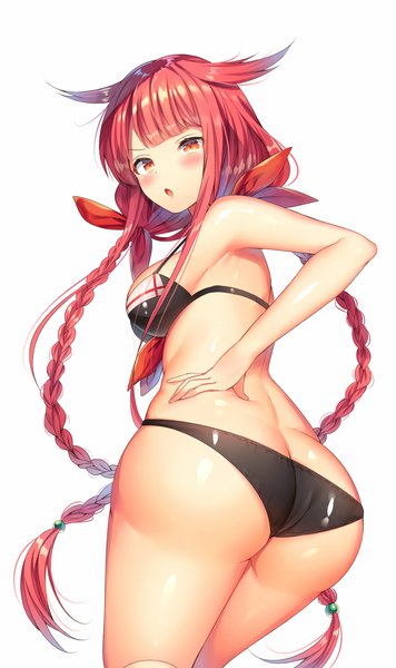 Anime picture 1000x1682 with kantai collection kawakaze (kantai collection) ntk (7t5) single tall image looking at viewer blush fringe breasts open mouth light erotic red eyes white background ass red hair blunt bangs braid (braids) very long hair from behind :o