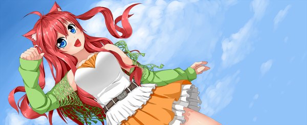 Anime picture 1024x419 with original ayase tamaki single long hair blush open mouth blue eyes wide image animal ears cloud (clouds) red hair cat ears cat girl cat tail girl dress