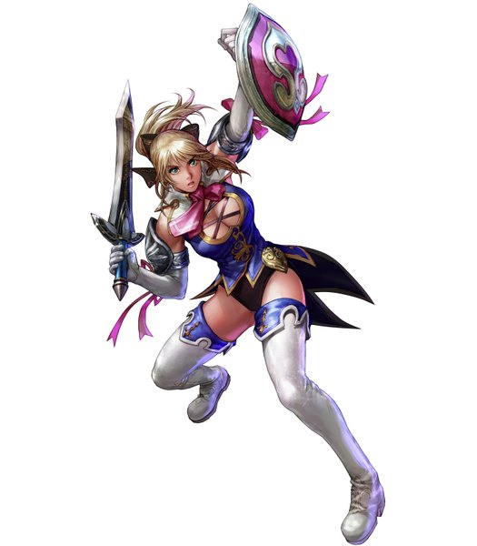 Anime picture 1400x1600 with soulcalibur cassandra alexandra single long hair tall image open mouth simple background blonde hair white background green eyes ponytail girl gloves bow ribbon (ribbons) weapon hair ribbon sword necktie elbow gloves