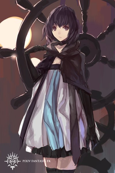 Anime picture 1417x2125 with original pixiv fantasia pixiv fantasia fallen kings paradise (character) swd3e2 single tall image looking at viewer short hair black hair black eyes girl thighhighs dress gloves black thighhighs elbow gloves