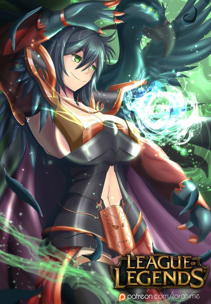 Anime picture 1024x1475 with league of legends swain (league of legends) torahime (roland00) single long hair tall image fringe breasts light erotic black hair smile large breasts green eyes magic genderswap girl navel animal bird (birds)