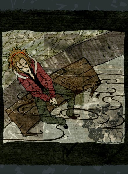 Anime picture 1176x1600 with original shuu iori (artist) tall image blonde hair sitting framed boy jacket pants bench