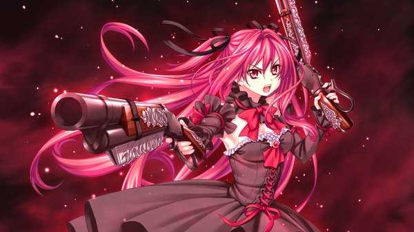 Anime picture 1024x576 with sousouki reginald corticarte reichstein long hair open mouth red eyes wide image game cg red hair girl dress ribbon (ribbons) weapon hair ribbon frills gun