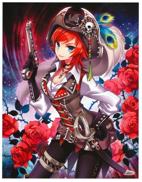 Anime picture 4216x5399 with million arthur (series) kaku-san-sei million arthur square enix nardack single tall image looking at viewer highres short hair blue eyes absurdres red hair scan hand on hip girl gloves flower (flowers) weapon hat sword