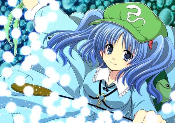 Anime picture 2490x1760 with touhou kawashiro nitori 2754 single highres short hair blue eyes smile blue hair girl dress plant (plants) bag backpack flat cap key