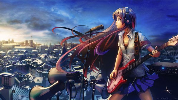 Anime picture 1920x1080 with original izechou long hair highres wide image sky profile city evening sunset cityscape music girl headphones microphone guitar microphone stand