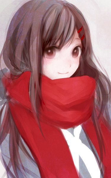 Anime picture 1000x1600 with kagerou project shaft (studio) tateyama ayano budouya single long hair tall image looking at viewer blush fringe simple background smile brown hair brown eyes looking away grey background girl hair ornament hairclip scarf