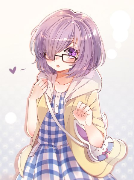 Anime picture 1318x1763 with fate (series) fate/grand order mash kyrielight baocaizi single tall image looking at viewer blush fringe short hair purple eyes pink hair upper body parted lips hair over one eye :o short sleeves gradient background polka dot plaid