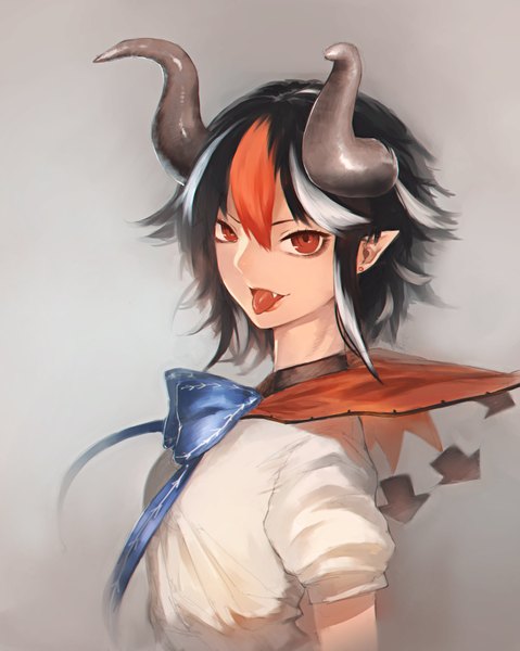 Anime picture 1315x1647 with touhou kijin seija terada yuki single tall image looking at viewer short hair black hair simple background red eyes white hair red hair multicolored hair horn (horns) pointy ears grey background fang (fangs) streaked hair portrait girl