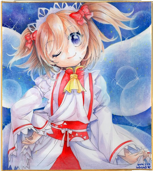 Anime picture 1344x1500 with touhou sunny milk mosho single tall image looking at viewer blush short hair blonde hair smile purple eyes signed one eye closed wink two side up hand on hip border traditional media watercolor (medium) girl