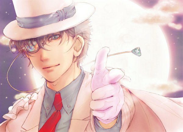 Anime picture 1104x800 with detective conan magic kaito kaito kid sukichi single looking at viewer short hair brown hair night face boy gloves hat necktie white gloves moon full moon top hat monocle