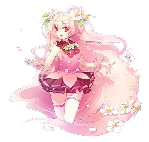 Anime picture 1200x1140 with vocaloid seeu sakura seeu matsuki ringo single looking at viewer open mouth simple background red eyes white background signed pink hair very long hair nail polish two side up girl thighhighs flower (flowers) petals white thighhighs
