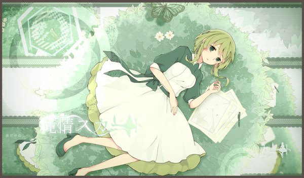 Anime picture 1600x937 with vocaloid gumi kirakira0926k single short hair open mouth wide image green eyes lying green hair inscription hieroglyph abstract girl dress flower (flowers) leaf (leaves) insect butterfly paper