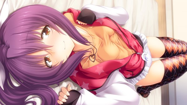 Anime picture 1280x720 with gleam garden no shoujo asahina chitose char single long hair blush smile wide image yellow eyes game cg purple hair lying girl thighhighs skirt