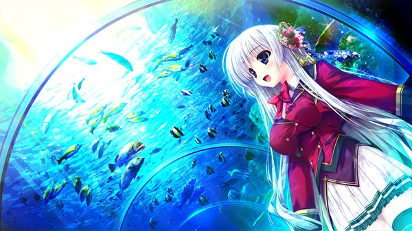 Anime picture 2560x1440 with prism recollection ashwin aina shintarou single long hair highres open mouth blue eyes wide image game cg white hair hair flower happy spread arms girl thighhighs skirt uniform hair ornament flower (flowers)