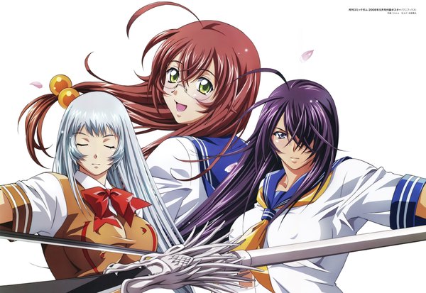 Anime picture 9901x6816 with ikkitousen kanu unchou chouun shiryuu ryuubi gentoku rin sin long hair blush fringe highres open mouth blue eyes brown hair multiple girls green eyes absurdres silver hair purple hair eyes closed scan hair over one eye