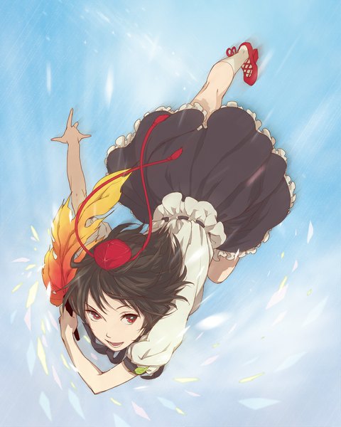 Anime picture 800x1000 with touhou shameimaru aya egawa satsuki single tall image short hair open mouth black hair red eyes sky full body from below spread arms flying girl shirt frills white shirt fan tokin hat