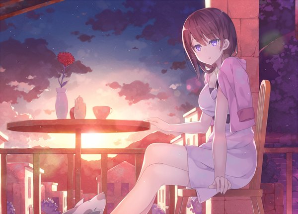 Anime picture 1047x751 with hai to gensou no grimgar a-1 pictures merry (grimgar) hatsuki kaname single long hair looking at viewer fringe blue eyes black hair hair between eyes sitting sky cloud (clouds) crossed legs evening sunset mountain girl dress