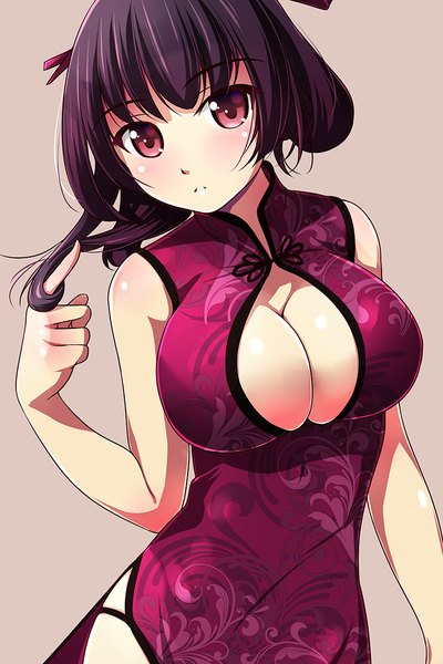 Anime picture 800x1200 with original matsunaga kouyou single long hair tall image breasts light erotic red eyes large breasts cleavage purple hair traditional clothes chinese clothes girl chinese dress