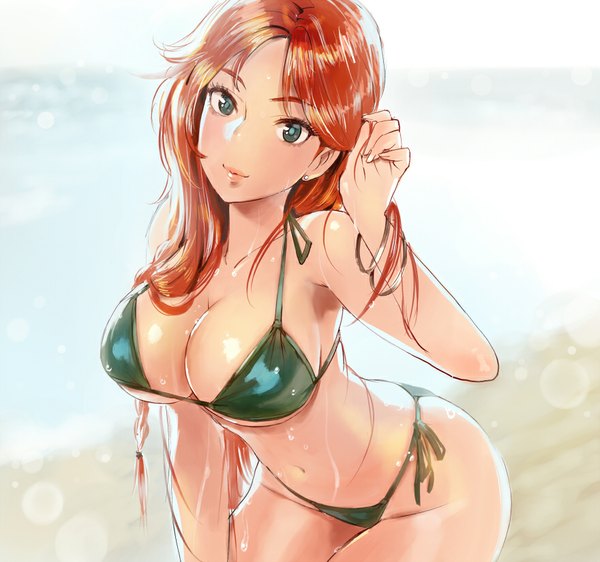 Anime picture 880x825 with touhou hong meiling matsuda (matsukichi) single long hair looking at viewer breasts light erotic large breasts bare shoulders green eyes light smile orange hair bare belly bare legs wet leaning leaning forward adjusting hair girl