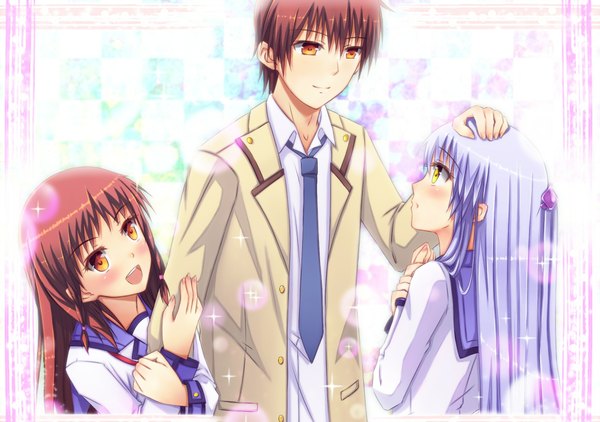 Anime picture 2002x1410 with angel beats! key (studio) tachibana kanade otonashi yuzuru otonashi hatsune swordsouls long hair blush highres short hair open mouth simple background smile brown hair multiple girls yellow eyes silver hair light smile orange eyes light