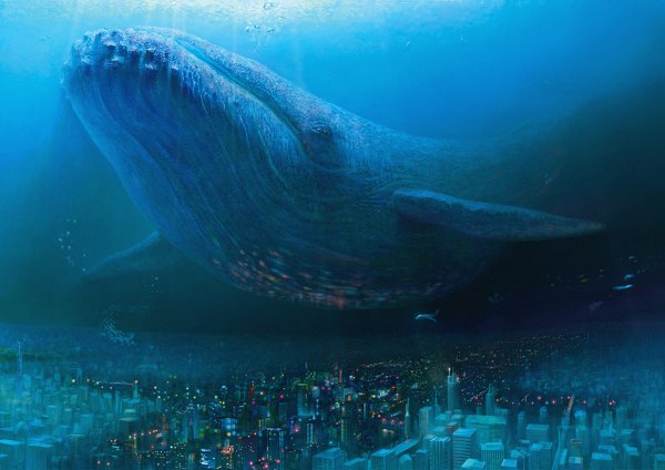 Anime picture 1200x849 with original yamahiropyon city light cityscape underwater city lights animal water sea building (buildings) fish (fishes) whale
