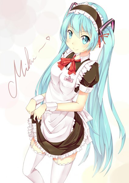 Anime picture 724x1024 with vocaloid hatsune miku pack er 5 single tall image looking at viewer blush smile white background twintails very long hair aqua eyes aqua hair maid girl thighhighs dress hair ornament white thighhighs headdress