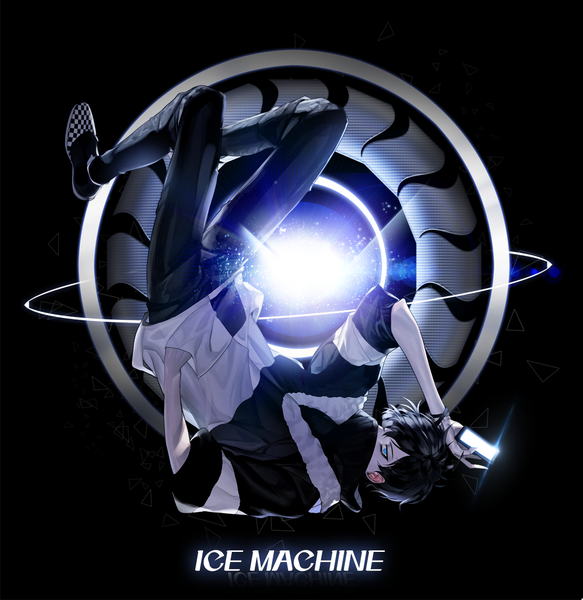 Anime picture 1200x1234 with original ice machine single tall image looking at viewer fringe short hair blue eyes black hair holding signed full body bent knee (knees) profile black background eyeshadow covered mouth hand in pocket glow upside down