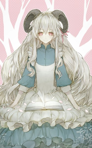 Anime picture 641x1025 with kagerou project shaft (studio) mary (kagerou project) memipong single long hair tall image fringe silver hair pink eyes horn (horns) light smile looking down pink background girl dress petals book (books) apron