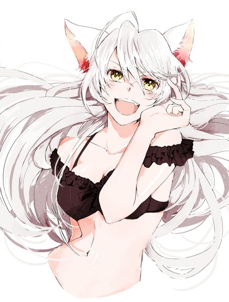 Anime picture 900x1184 with bakemonogatari shaft (studio) monogatari (series) hanekawa tsubasa black hanekawa motyaaaaaaa single long hair tall image blush open mouth light erotic simple background white background animal ears yellow eyes looking away silver hair ahoge cat ears