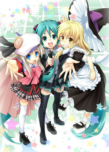 Anime picture 715x1000 with little busters! touhou vocaloid key (studio) hatsune miku kirisame marisa noumi kudryavka sato-pon long hair tall image looking at viewer blush open mouth blue eyes blonde hair smile twintails bare shoulders multiple girls yellow eyes