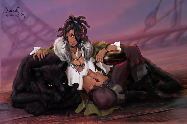 Anime picture 1361x907 with brave 10 jinpachi nezu vlastika long hair looking at viewer fringe smile brown hair sitting brown eyes signed yellow eyes hair over one eye boy navel animal boots bracelet belt feather (feathers)