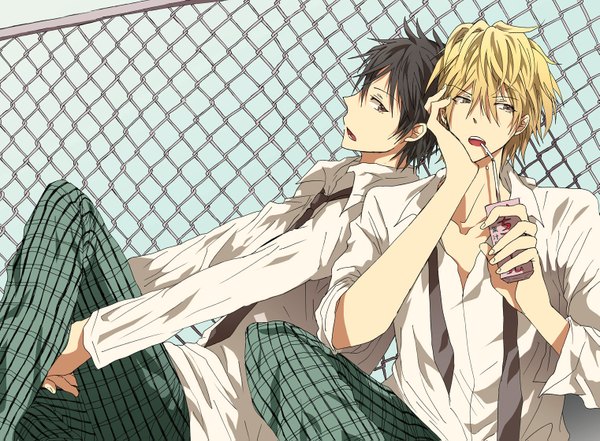 Anime picture 1521x1119 with durarara!! brains base (studio) orihara izaya heiwajima shizuo yuki (fuguneko) short hair black hair blonde hair profile back to back chin rest drinking boy shirt