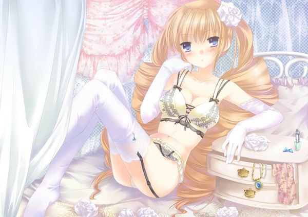 Anime picture 1133x801 with blue eyes light erotic blonde hair twintails curly hair girl thighhighs underwear white thighhighs