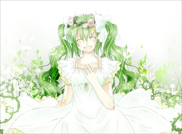 Anime picture 1050x774 with vocaloid hatsune miku haruki (colorful macaron) single long hair open mouth smile twintails eyes closed hair flower green hair hand on chest happy girl dress hair ornament flower (flowers) bow ribbon (ribbons) hair bow