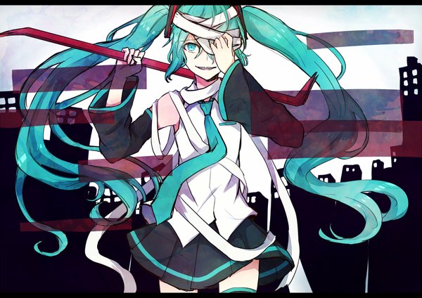 Anime picture 1000x708 with vocaloid hatsune miku ringomaru single long hair looking at viewer smile twintails aqua eyes aqua hair bandage over one eye girl detached sleeves bandage (bandages)