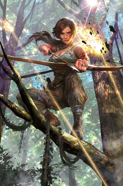 Anime picture 1024x1550 with tomb raider lara croft mineworker single long hair tall image looking at viewer breasts blue eyes brown hair large breasts bare shoulders bent knee (knees) ponytail parted lips sunlight realistic from below torn clothes squat