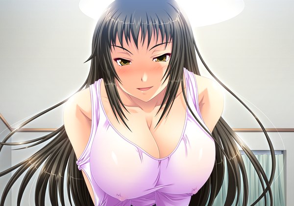 Anime picture 1280x900 with dekakute ecchi na ore no ane long hair blush breasts open mouth light erotic black hair large breasts yellow eyes game cg erect nipples covered nipples girl