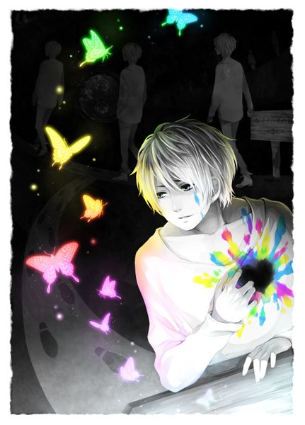 Anime picture 963x1341 with nico nico singer nico nico douga fukuwa teinpomu tall image short hair blonde hair looking away white hair long sleeves light smile sparkle hand on chest light glow multicolored eyes sad insect wings white skin butterfly wings