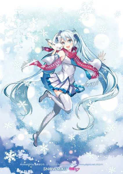 Anime picture 800x1131 with vocaloid crypton future media hatsune miku yuki miku rabbit yukine yuzuki kihiro single tall image looking at viewer blush fringe open mouth blue eyes hair between eyes twintails bare shoulders signed blue hair cloud (clouds) full body