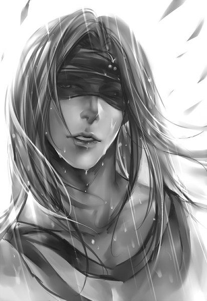 Anime picture 800x1162 with tagme (copyright) dk (pixiv) single long hair tall image looking at viewer simple background white background grey hair black eyes teeth wet monochrome rain boy leaf (leaves) water drop