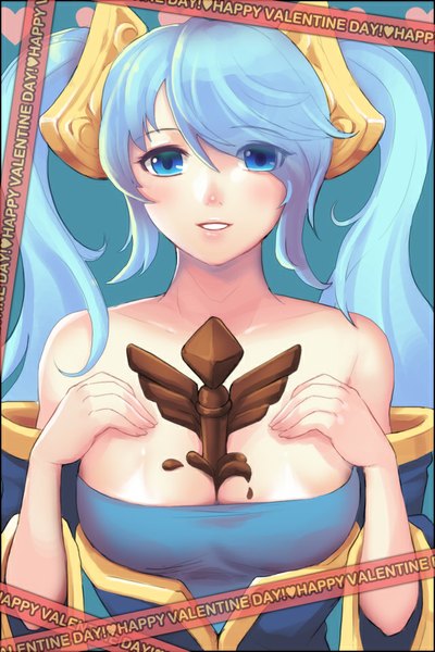 Anime picture 640x960 with league of legends sona buvelle dakun87 (artist) single long hair tall image looking at viewer blush breasts blue eyes light erotic smile large breasts twintails bare shoulders blue hair valentine girl